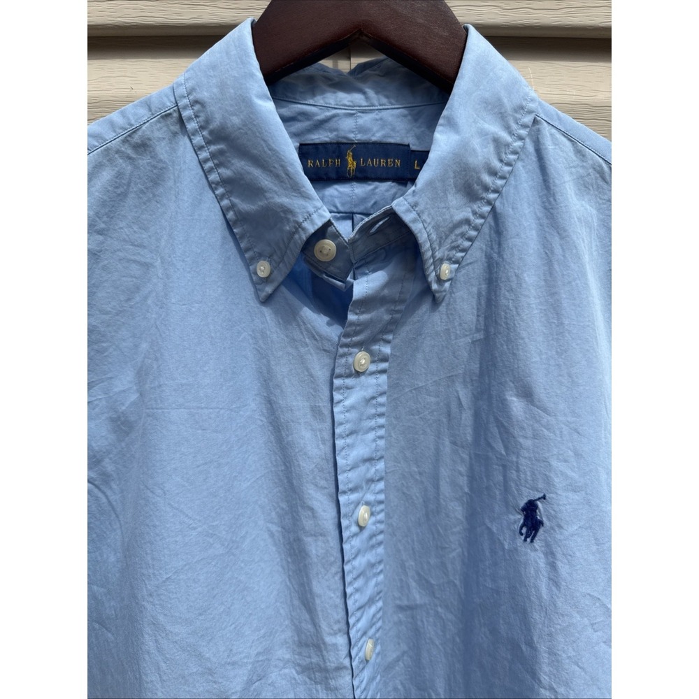 Polo Ralph Lauren Men's Large Cotton Silk Blend Lite Blue Button Up Short Sleeve